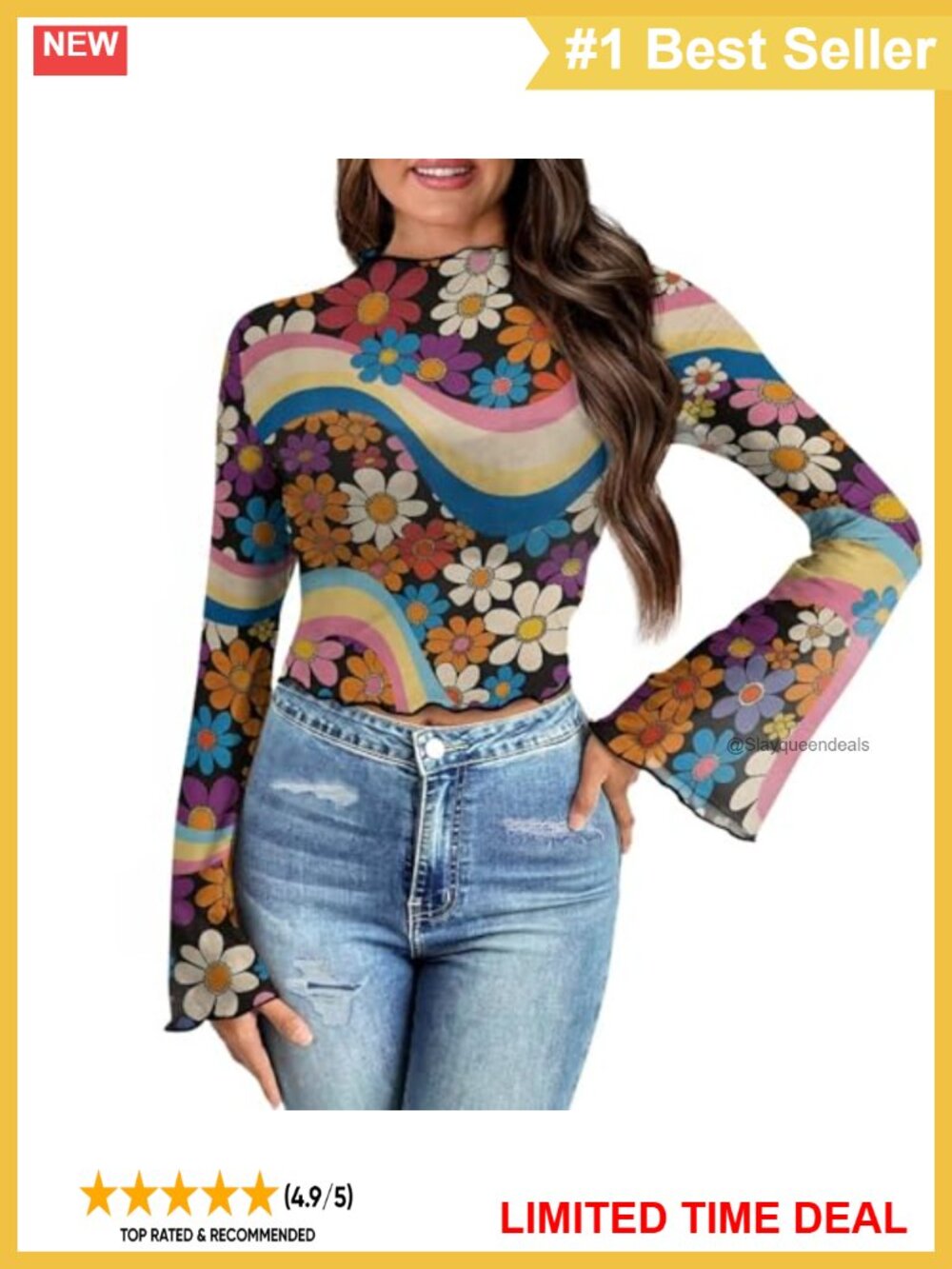 70s Hippie Floral Mesh Crop Top Bell Sleeve Lettuce Trim Mock Neck